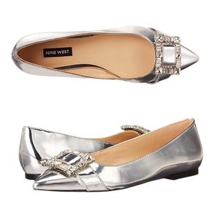 NEW Nine West Behold Metallic Silver Jeweled Rhinestone Pointed Toe Flats - 8